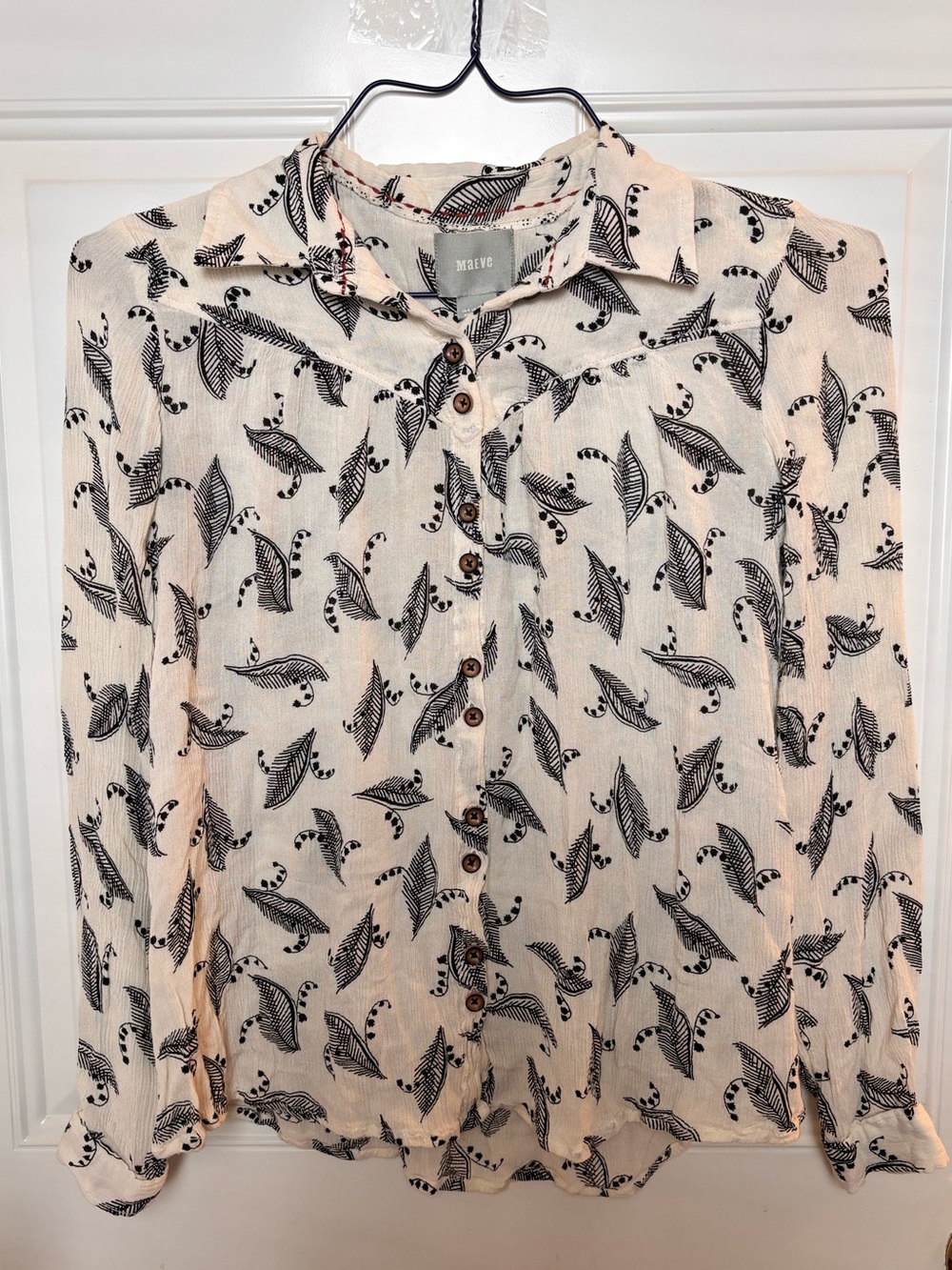 Maeve Cream Button-Up Blouse with Black Bird Print